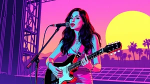 A professional singer with a guitar performing music on a stage during a live concert.