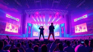 Post Malone and IShowSpeed performing live on stage at MetLife Stadium during the World Cup closing ceremony.