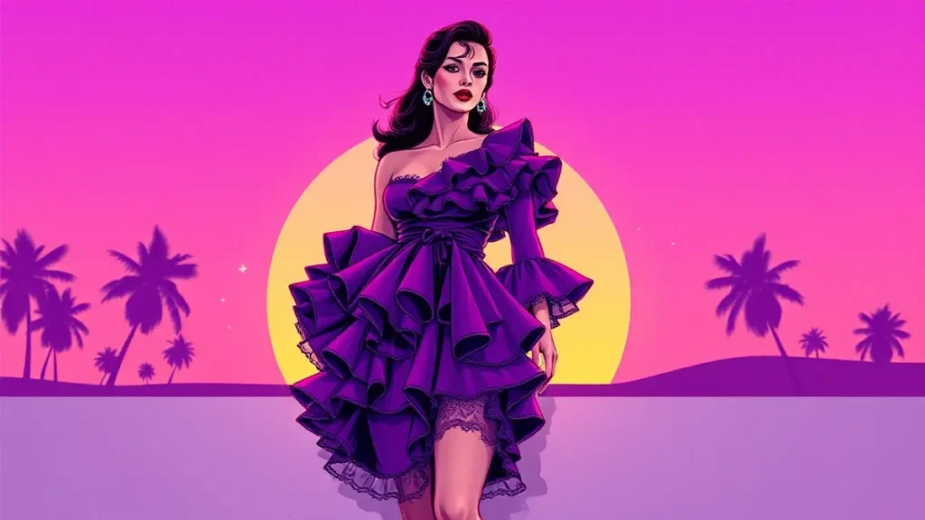 Adult woman wearing a dramatic purple tiered ruffle dress with romantic lace details.