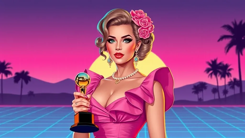 Qween Jean celebrating her historic Tony Award win in a rose-colored sculptural gown.