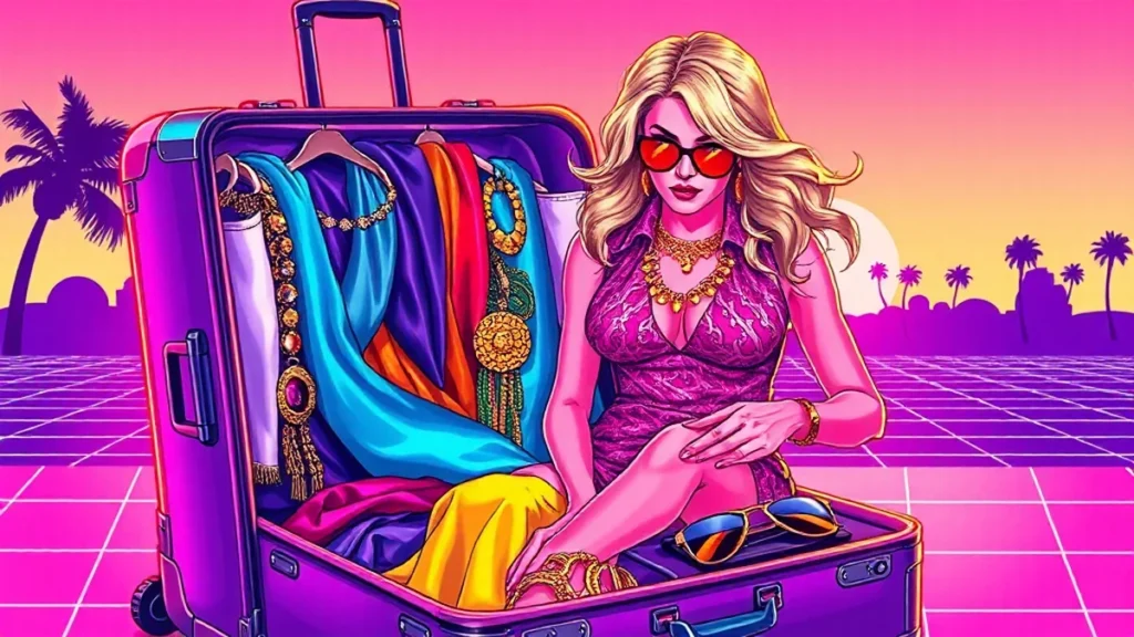 A fashionable woman organizing summer resort wear and gold jewelry inside a travel suitcase.