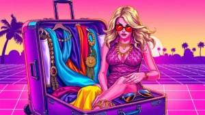 A fashionable woman organizing summer resort wear and gold jewelry inside a travel suitcase.
