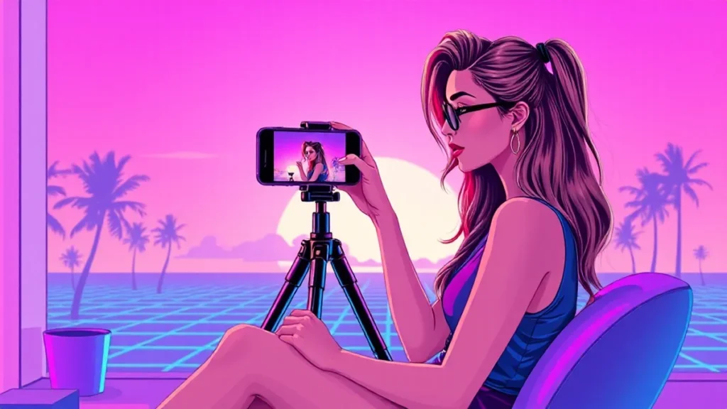 An adult woman recording a video of herself on a smartphone for communication practice.