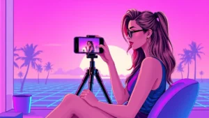 An adult woman recording a video of herself on a smartphone for communication practice.