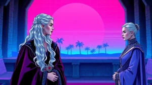 Rhaenyra Targaryen facing off against Lady Sabitha Frey in a tense political confrontation.