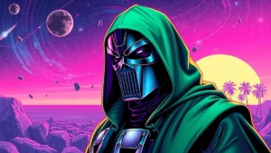 Robert Downey Jr. appearing as the villainous Doctor Doom in an epic cinematic setting.