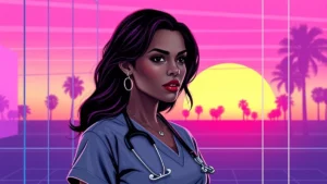 A portrait of a mature woman resembling Rosario Dawson in a medical environment.