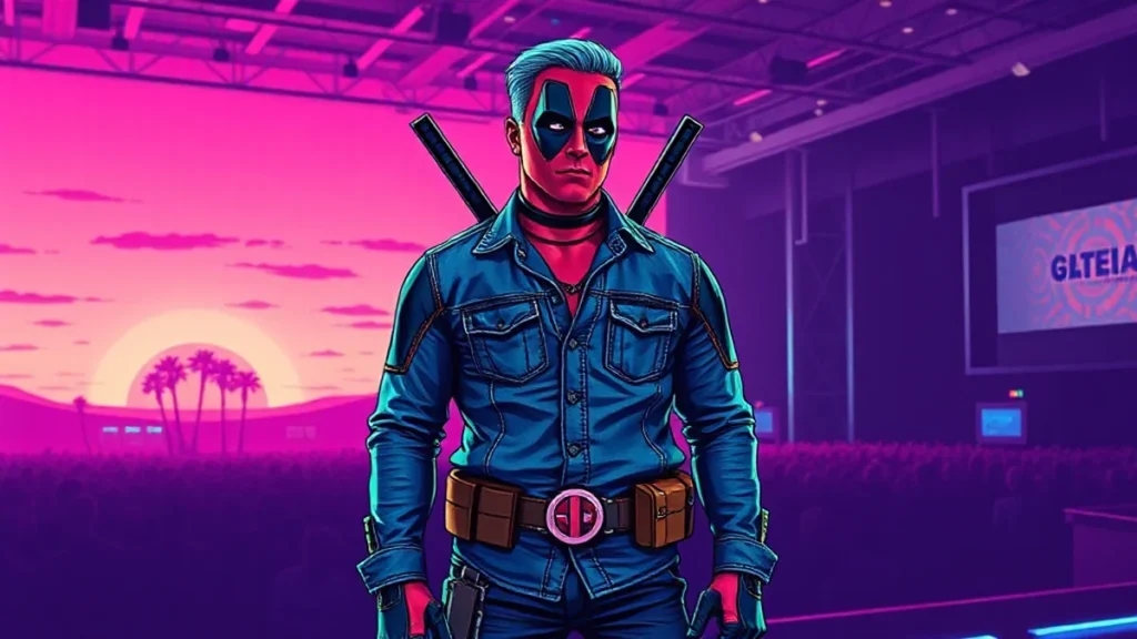 Ryan Reynolds wearing a denim Deadpool costume at a Marvel panel during San Diego Comic-Con.