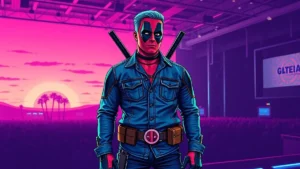 Ryan Reynolds wearing a denim Deadpool costume at a Marvel panel during San Diego Comic-Con.