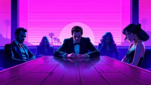 Actor Sam Reid as Lestat facing mysterious figures at a long table in a dark room.