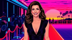 A smiling, sophisticated woman in formal wear walking gracefully on a red carpet during a movie premiere.