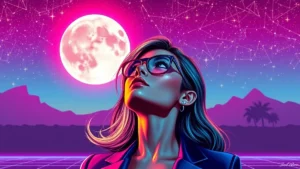 A woman gazing up at a celestial sky featuring planets and a bright full moon.