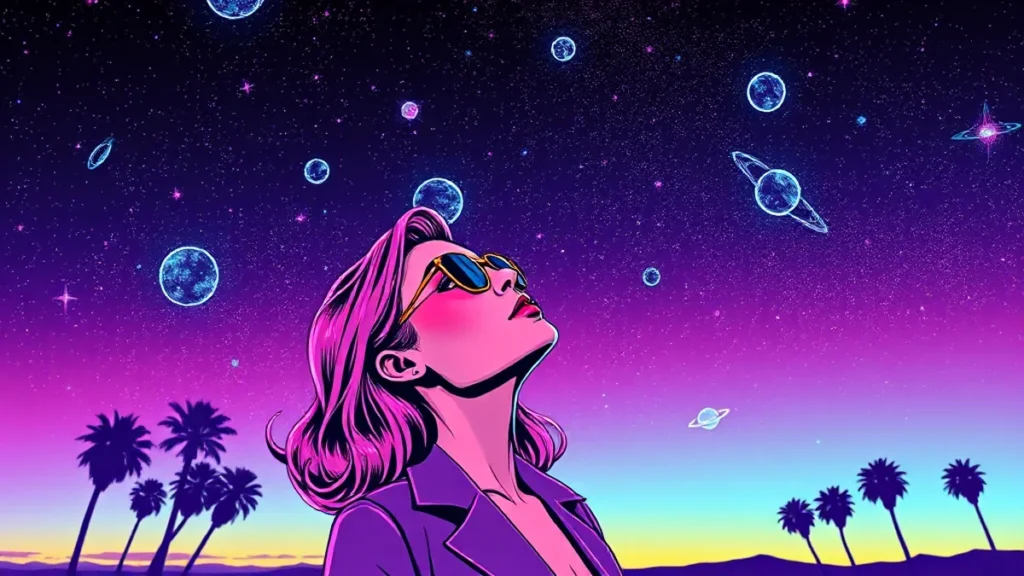 An adult woman gazing up at a vast starry sky with glowing planets and celestial patterns.