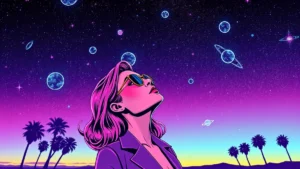An adult woman gazing up at a vast starry sky with glowing planets and celestial patterns.