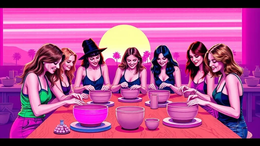 Group of adult women laughing and making pottery together at a creative workshop.