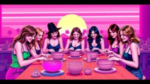 Group of adult women laughing and making pottery together at a creative workshop.
