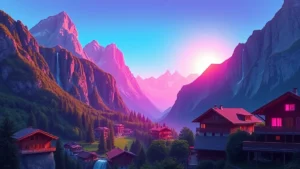 Traditional Swiss chalets and waterfalls in the scenic Lauterbrunnen Valley landscape.