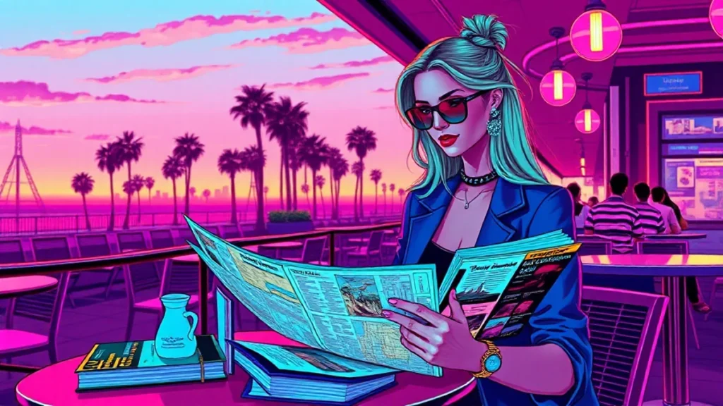 An adult woman uses a phone and guidebook to plan a fast-paced travel itinerary at an outdoor cafe.