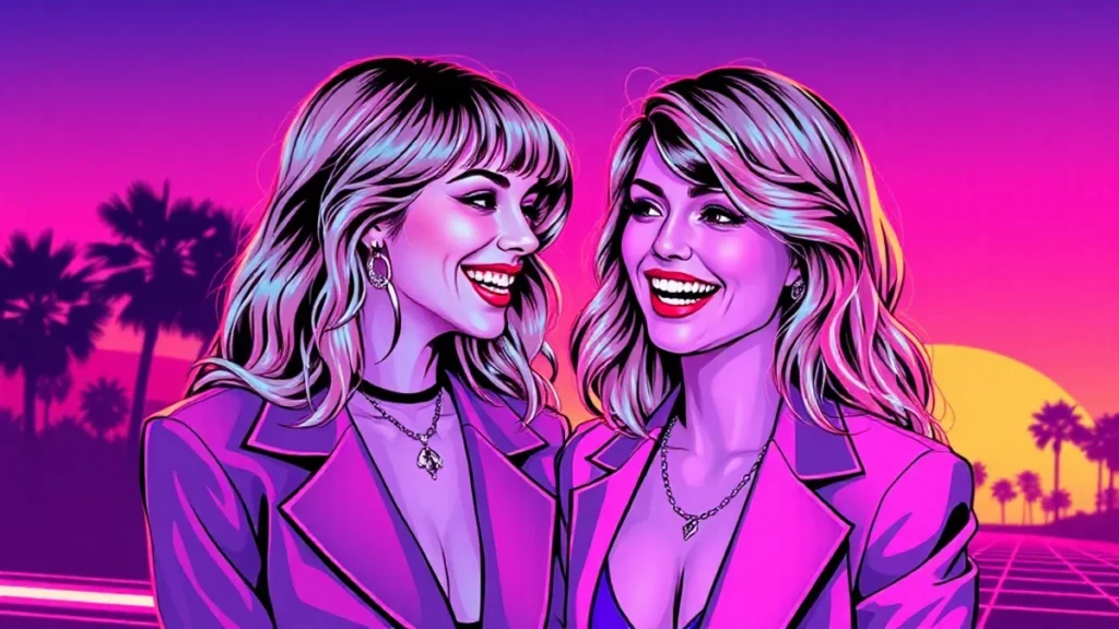 Two adult female best friends laughing together representing the bond between Taylor Swift and her maid of honor.