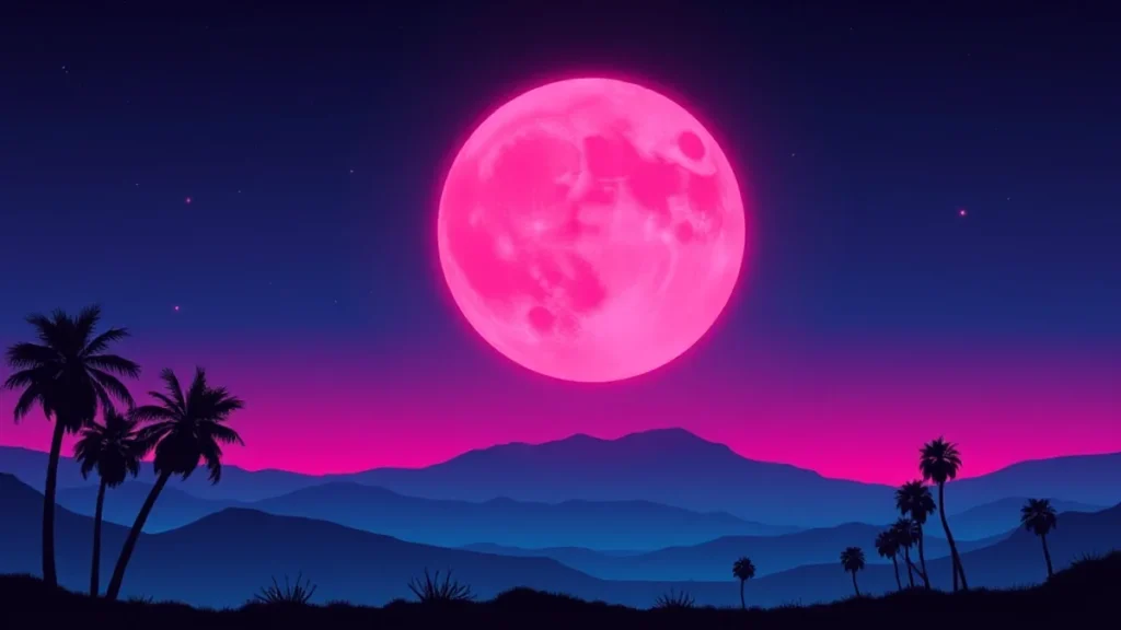 A massive strawberry colored full moon glowing in the dark night sky over mountains.