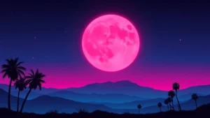 A massive strawberry colored full moon glowing in the dark night sky over mountains.