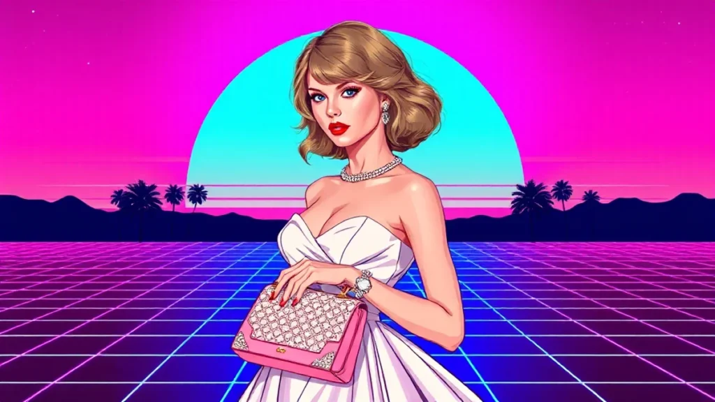 Taylor Swift wearing a white haute couture wedding dress and carrying a luxury Dior handbag.