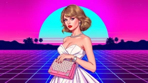 Taylor Swift wearing a white haute couture wedding dress and carrying a luxury Dior handbag.