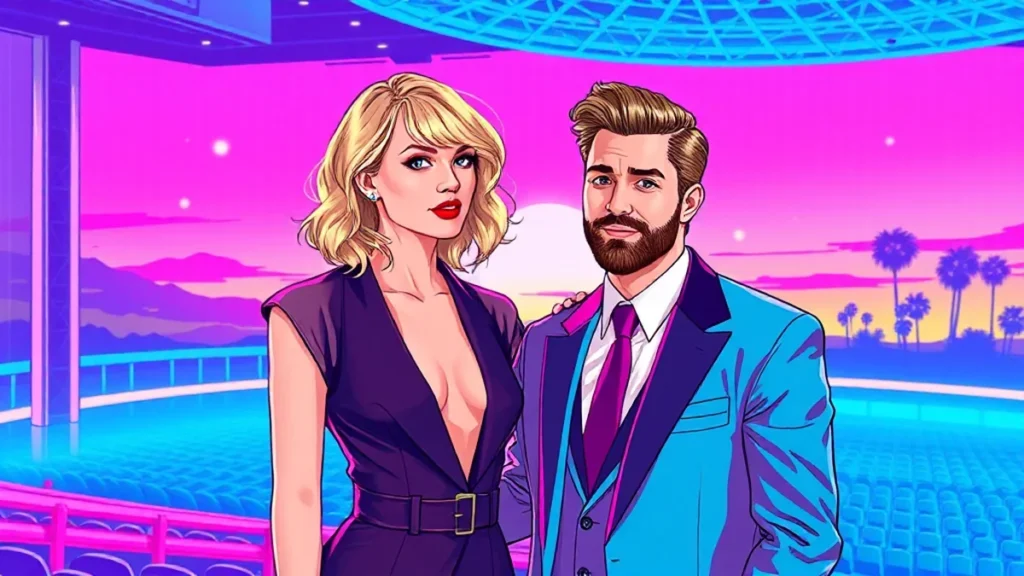 Taylor Swift and Travis Kelce posing together at a glamorous rehearsal dinner event.