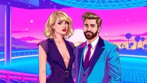 Taylor Swift and Travis Kelce posing together at a glamorous rehearsal dinner event.