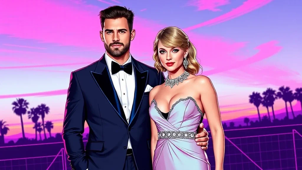 Taylor Swift and Travis Kelce posing together at a high-profile celebrity event.