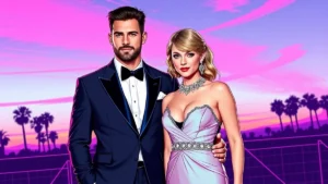 Taylor Swift and Travis Kelce posing together at a high-profile celebrity event.