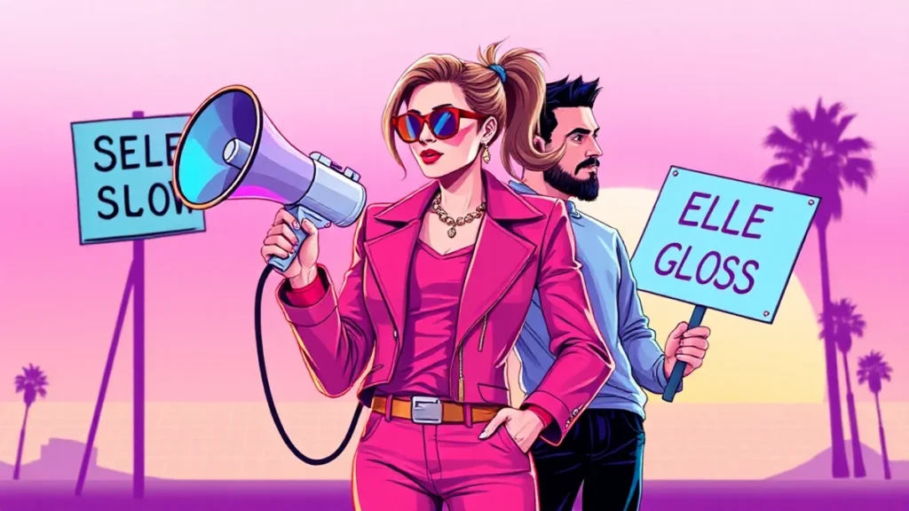 A fashionable woman leading a social justice protest while ignoring romantic distractions.