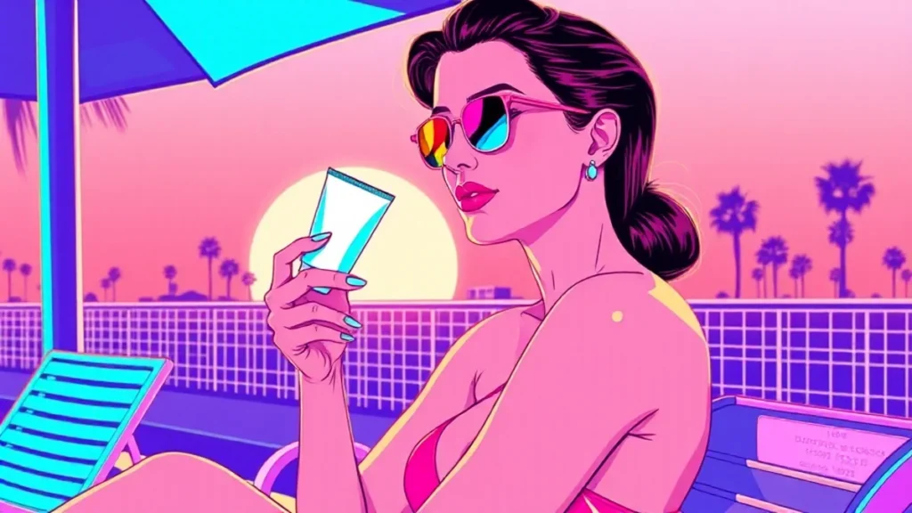 A stylish adult woman applying sunscreen to her skin while sitting in the shade.