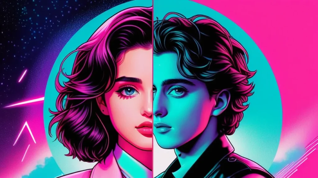 Portraits of actors Timothée Chalamet and Selena Gomez side by side against a space background.