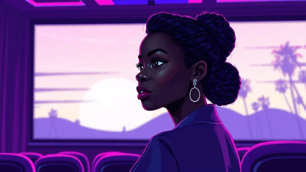 A serious adult woman looking away from a cinema screen representing author Tomi Adeyemi.