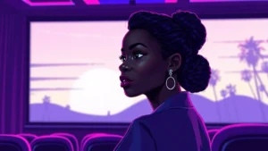 A serious adult woman looking away from a cinema screen representing author Tomi Adeyemi.