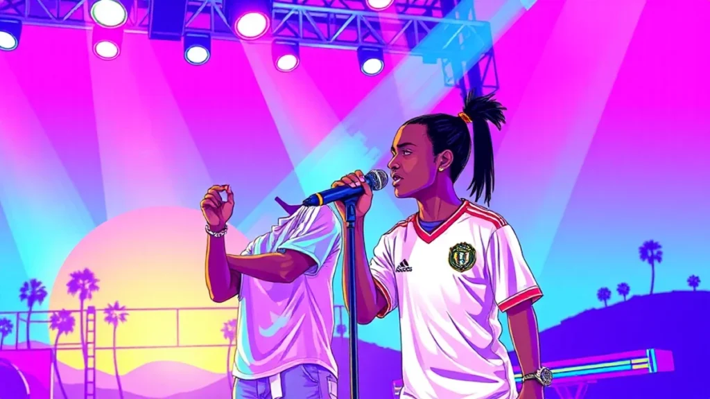 Travis Scott performing on stage with his daughter during a high energy music festival set.