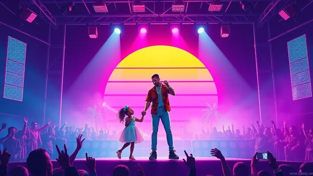 Travis Scott performing on stage at Fanatics Fest with his daughter Stormi Webster.