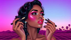 A woman applying beige concealer to her dark curly hair to create fake highlights.