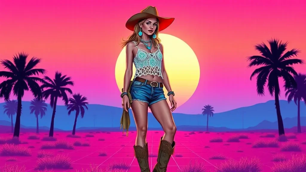 A stylish woman dressed in boho festival clothing standing in a sunny outdoor setting.