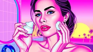 An adult woman applying thick white moisturizer to her face for makeup removal.