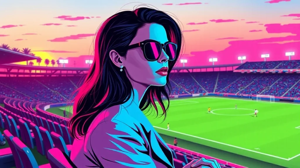 A fashionable woman watching a professional soccer match from the stadium stands.