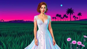 A woman wearing a beautiful custom vintage lace wedding dress in a wildflower meadow.