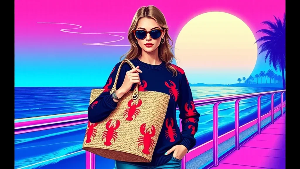Woman wearing navy lobster print sweater and carrying a straw beach bag.