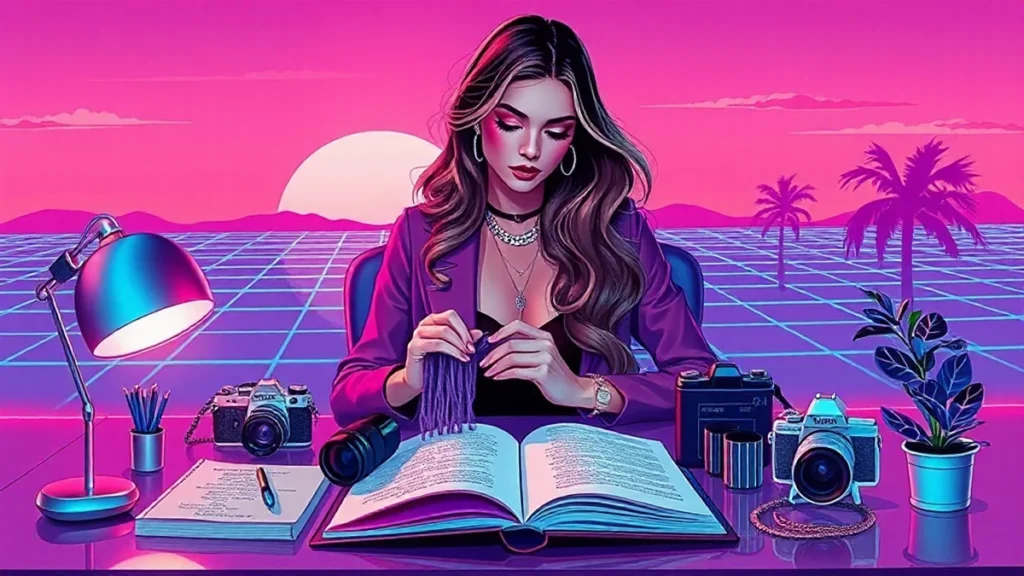 An adult woman surrounded by different personal hobbies like knitting and journaling to represent life layering.