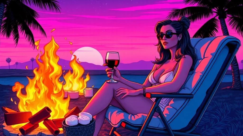 An adult woman enjoying luxury camping with wine and s'mores by a campfire.