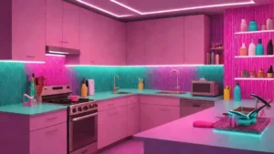 Modern kitchen with decorative backsplash tiles, organized countertops, and warm under-cabinet lighting.