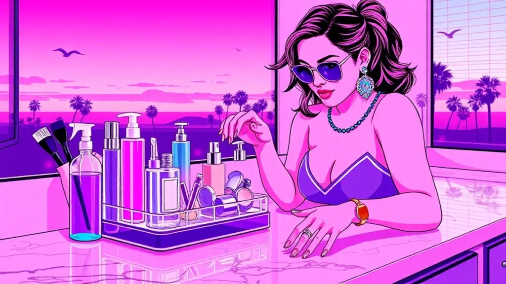An organized makeup vanity with acrylic containers, skincare bottles, and professional manicure tools.