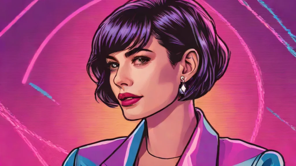 A woman sporting a trendy short bixie haircut and oversized fashion blazer.