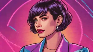 A woman sporting a trendy short bixie haircut and oversized fashion blazer.